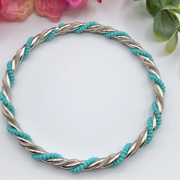 Silver Tone Twisted Blue Seed Bead Bangle Bracelet - Picture 4 of 11